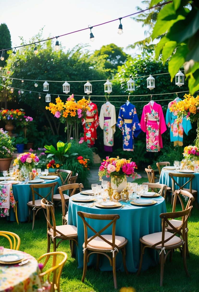 A lush garden with vibrant flowers, lanterns, and decorative kimonos hung on a line. Tables set with mismatched vintage china and bohemian accessories scattered around the space