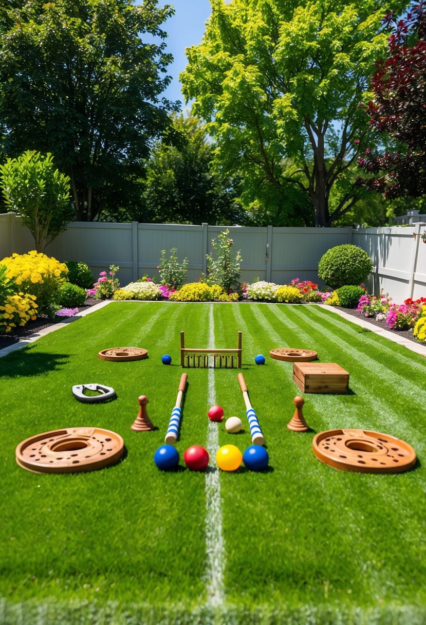 A sunny backyard with a neatly trimmed lawn, surrounded by colorful flowers and trees. In the center, a classic lawn games set is laid out, including a croquet set, bocce balls, and horseshoes