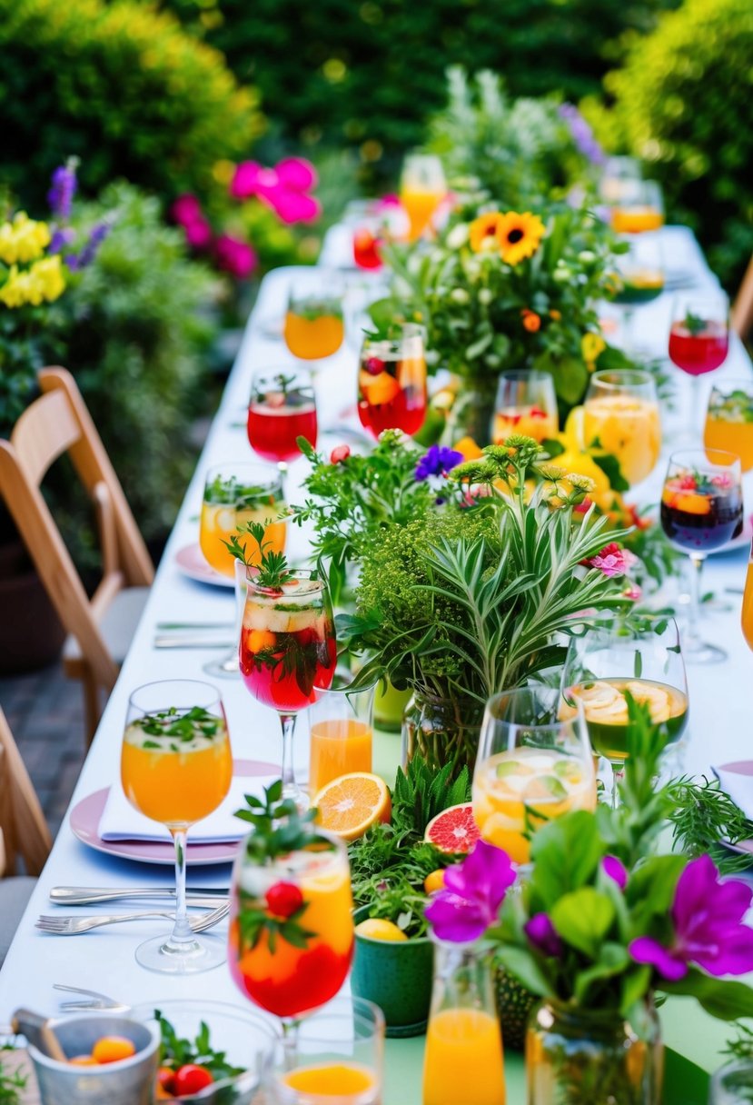 A colorful garden party with fresh herbs, fruits, and flowers used to create signature cocktails. Tables adorned with vibrant drinks and lush greenery
