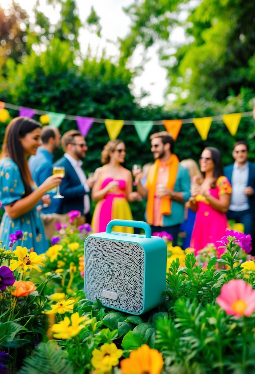 A colorful outdoor garden party with a Bluetooth speaker surrounded by lush greenery and vibrant flowers, with people enjoying music and socializing