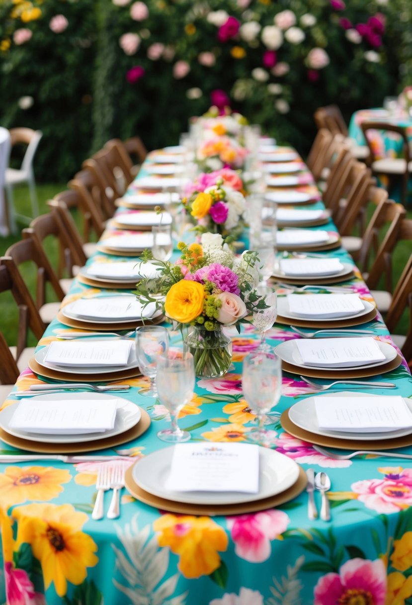 A table set with colorful floral print shirts, surrounded by blooming flowers and greenery for a garden party wedding outfit idea