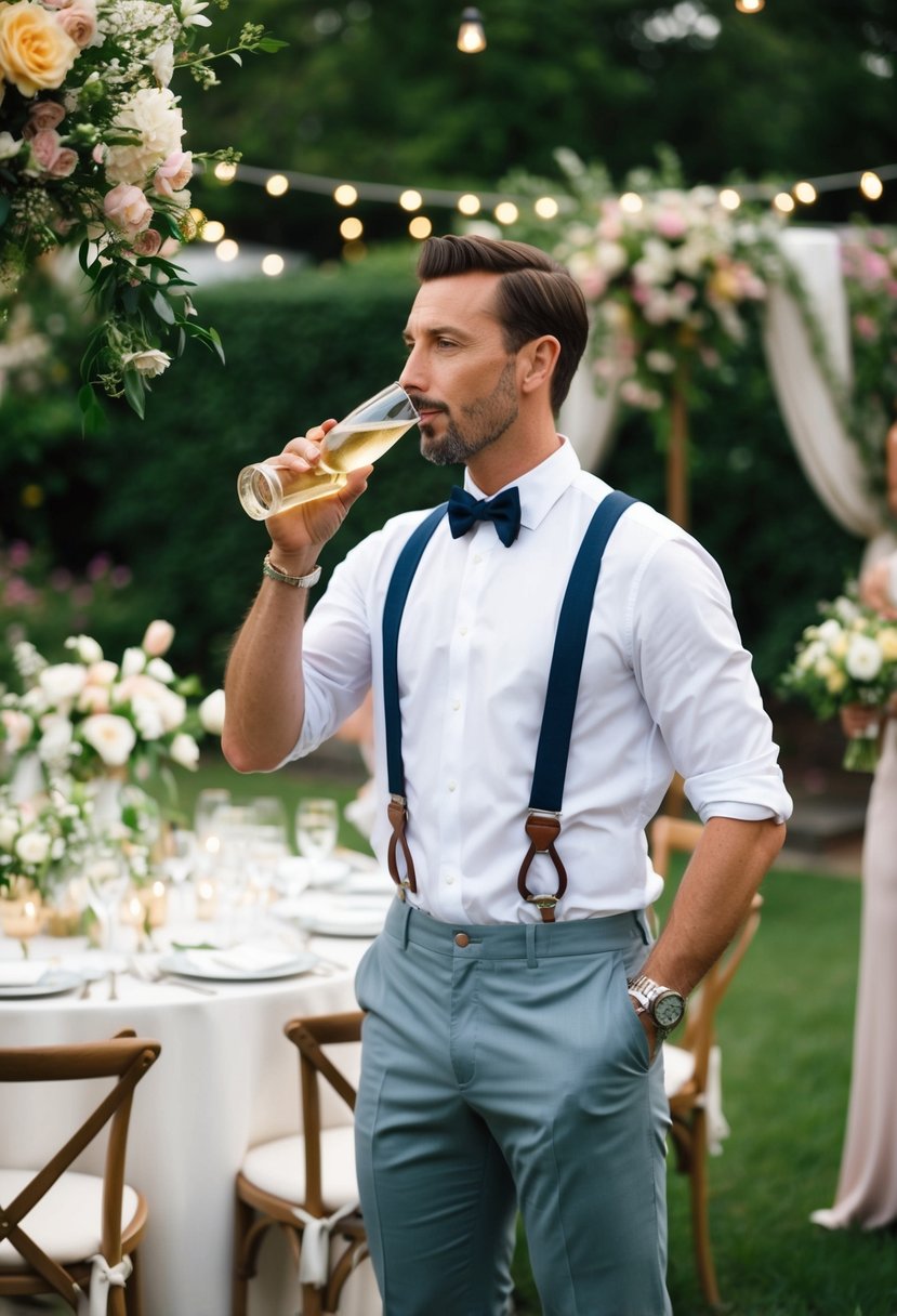 A man in chinos and suspenders sips champagne at a garden party wedding, surrounded by blooming flowers and elegant decor