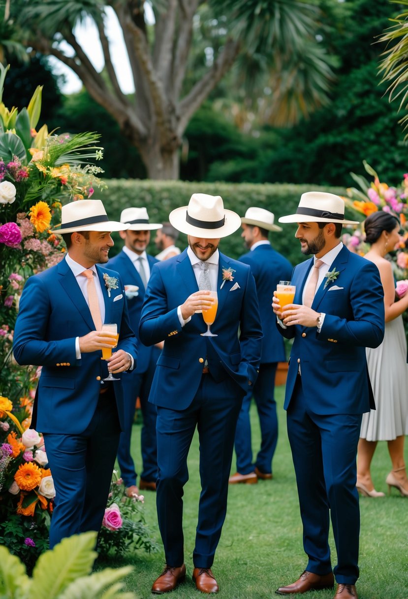 Men in tailored suits and Panama hats mingle in a lush garden, sipping cocktails and admiring the vibrant floral arrangements