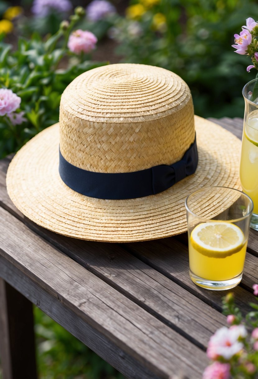 A straw boater hat sits atop a wooden table surrounded by blooming flowers and greenery, with a glass of lemonade nearby