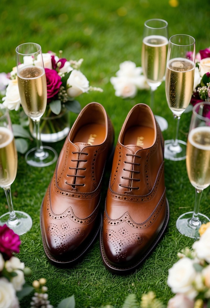 A pair of brown brogues surrounded by floral arrangements and champagne glasses at a garden party wedding
