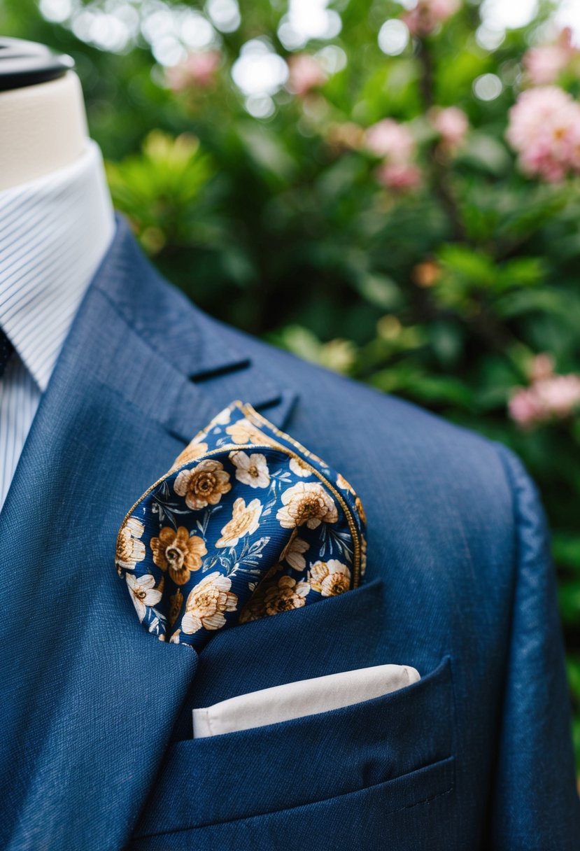 A dapper pocket square with a floral pattern, paired with a sharp suit, against a backdrop of lush greenery and blooming flowers