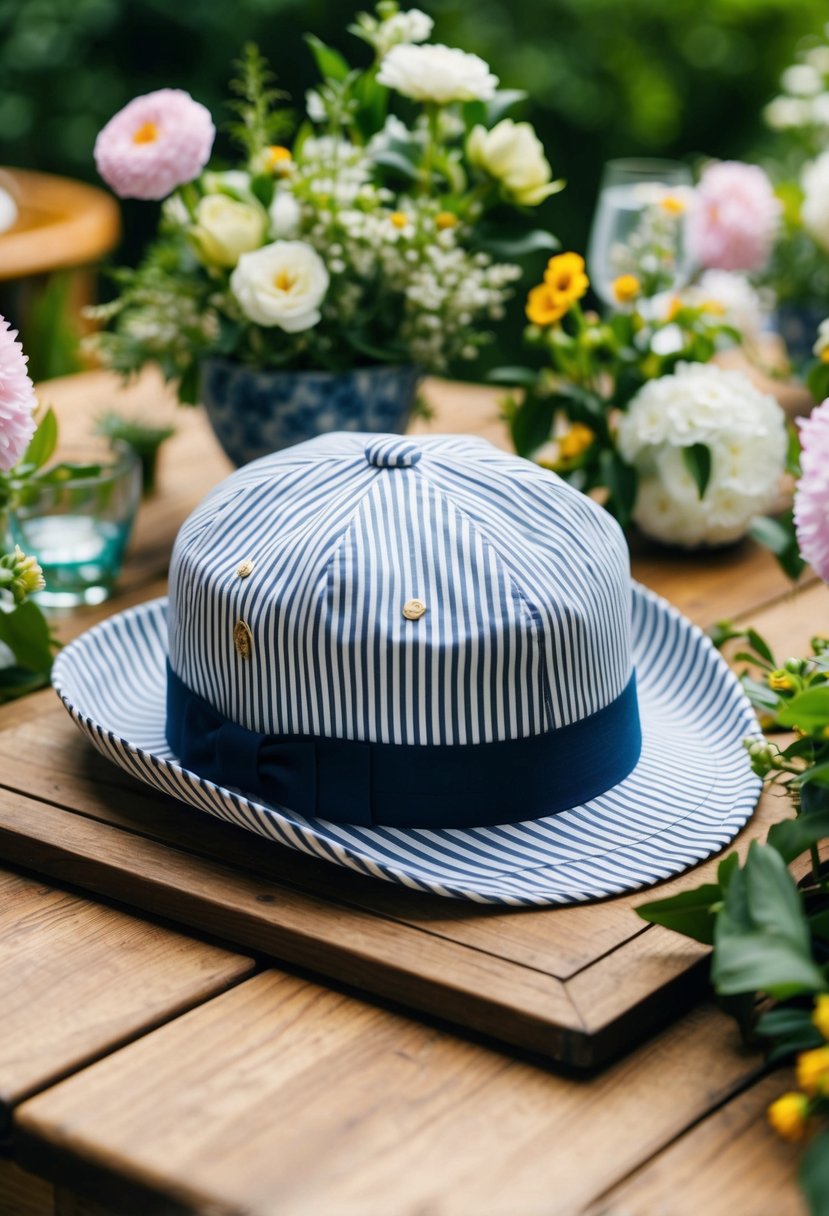 A seersucker newsboy cap rests on a wooden table surrounded by blooming flowers and greenery, setting the scene for a stylish men's garden party