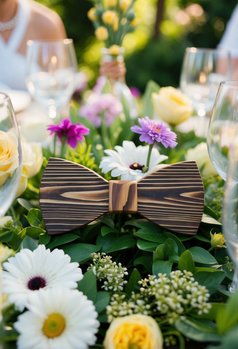 A garden party scene with a wooden bow tie as the focal point, surrounded by flowers, greenery, and elegant outdoor decor