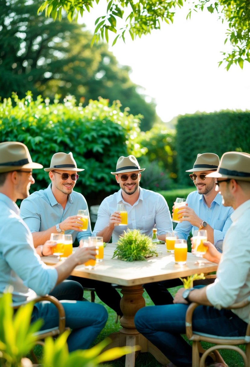 A group of men wearing hemp trilby hats gather in a lush garden, sipping drinks and chatting in the warm afternoon sun