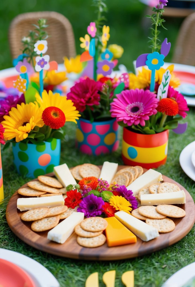A colorful cheese and cracker platter surrounded by vibrant flowers and playful garden-themed decorations at a children's garden party