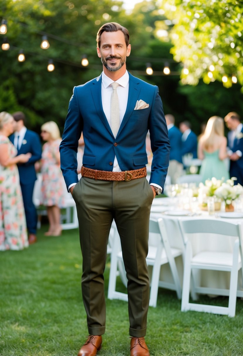 A man's outfit with a woven leather belt at a lush garden party