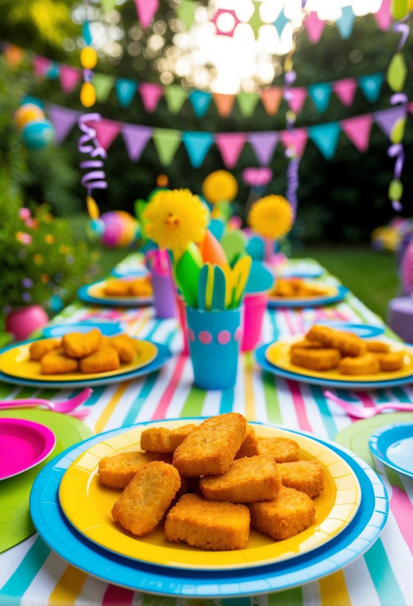 A whimsical garden party with a table adorned with chicken nuggets served on colorful plates, surrounded by playful children's party decorations
