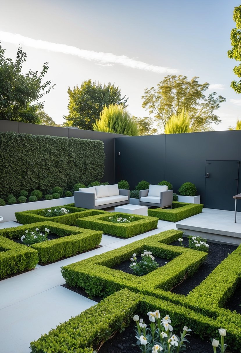 A garden with modern geometric patterns in the form of hedges, pathways, and flower beds, accented with sleek furniture and minimalist decor
