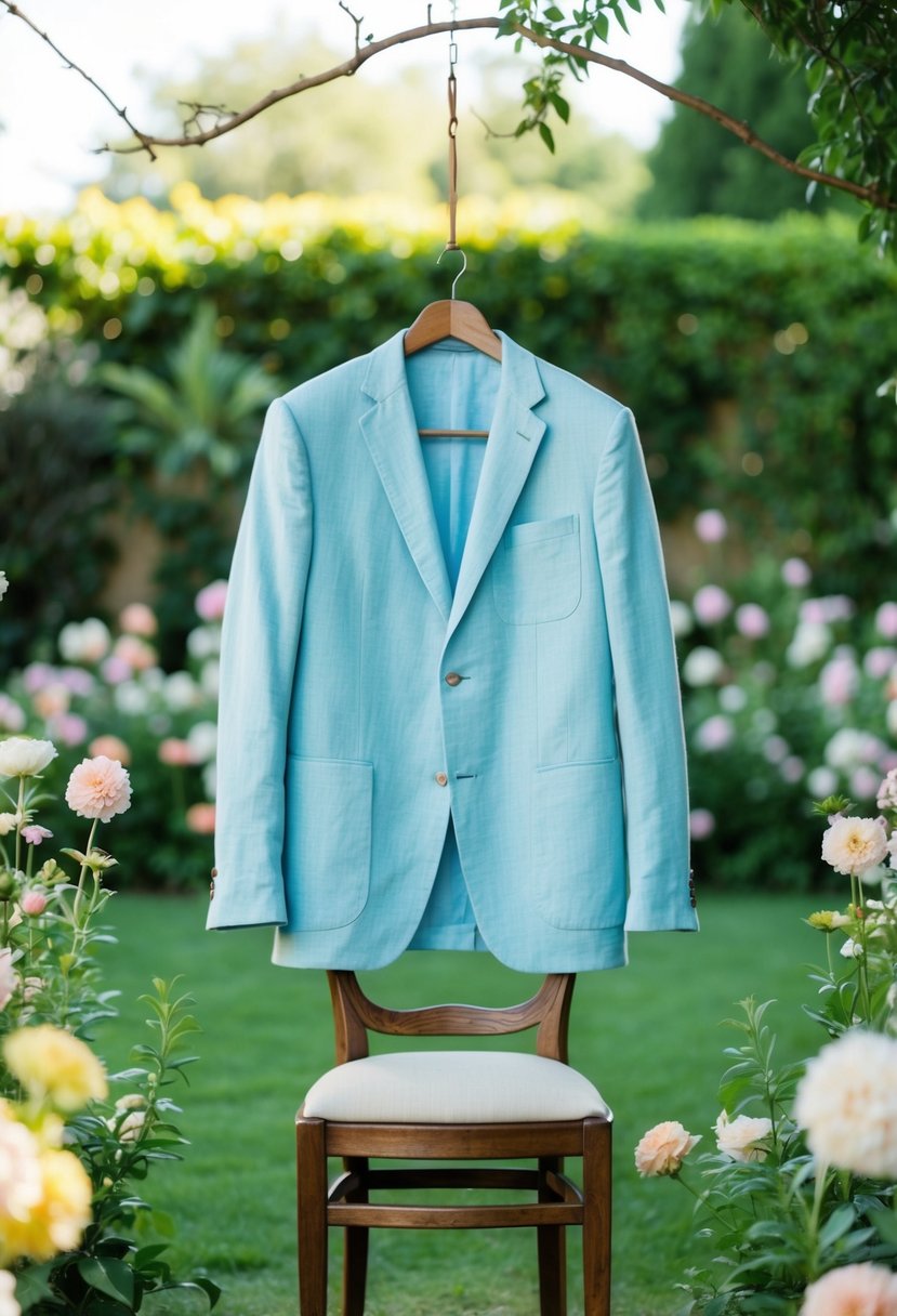A man's light blue linen blazer hangs on a vintage wooden chair in a lush garden setting, surrounded by pastel flowers and greenery