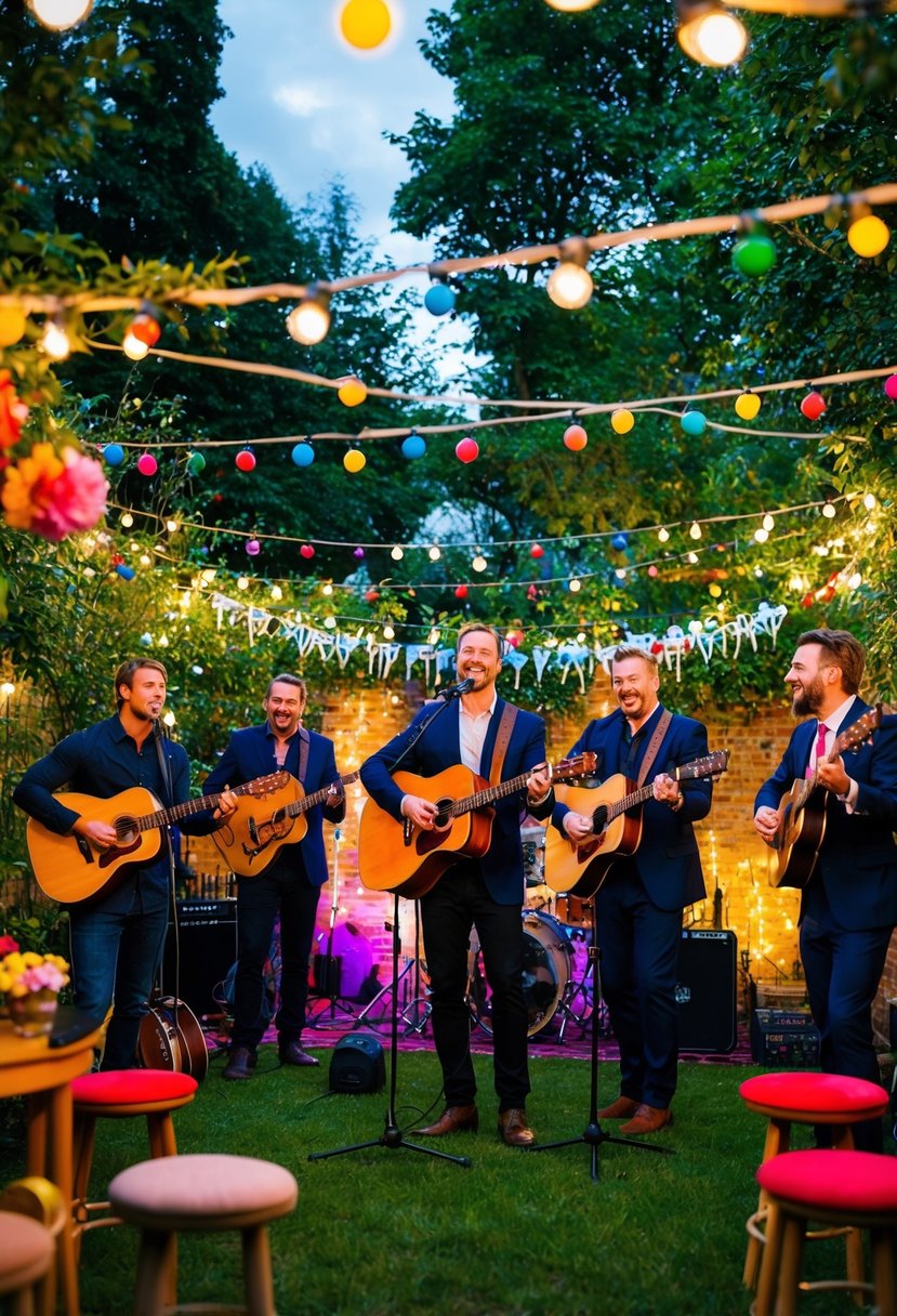 A lively acoustic band performs in a garden filled with twinkling lights and colorful decorations, setting the scene for a festive 21st birthday celebration