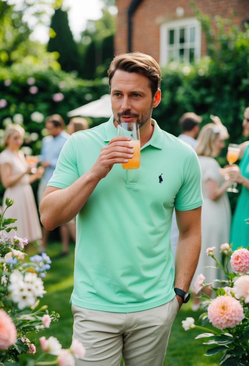 A man in a mint green polo shirt stands in a garden surrounded by pastel flowers and greenery, sipping a drink at a garden party