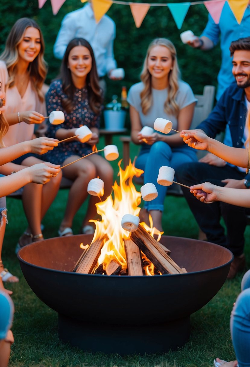 A fire pit surrounded by friends roasting marshmallows in a garden party setting for a 21st birthday celebration