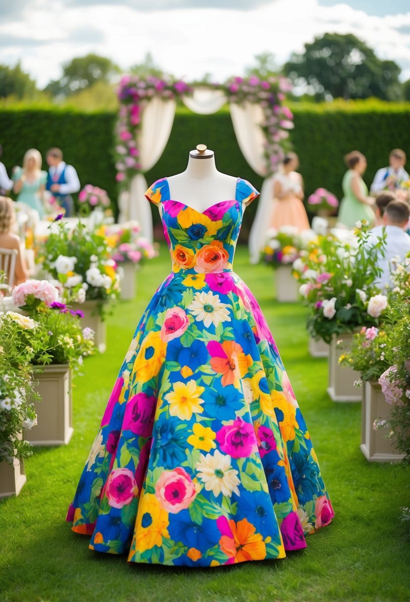 A picturesque garden party with a colorful floral tea-length dress as the focal point, surrounded by blooming flowers and elegant decor