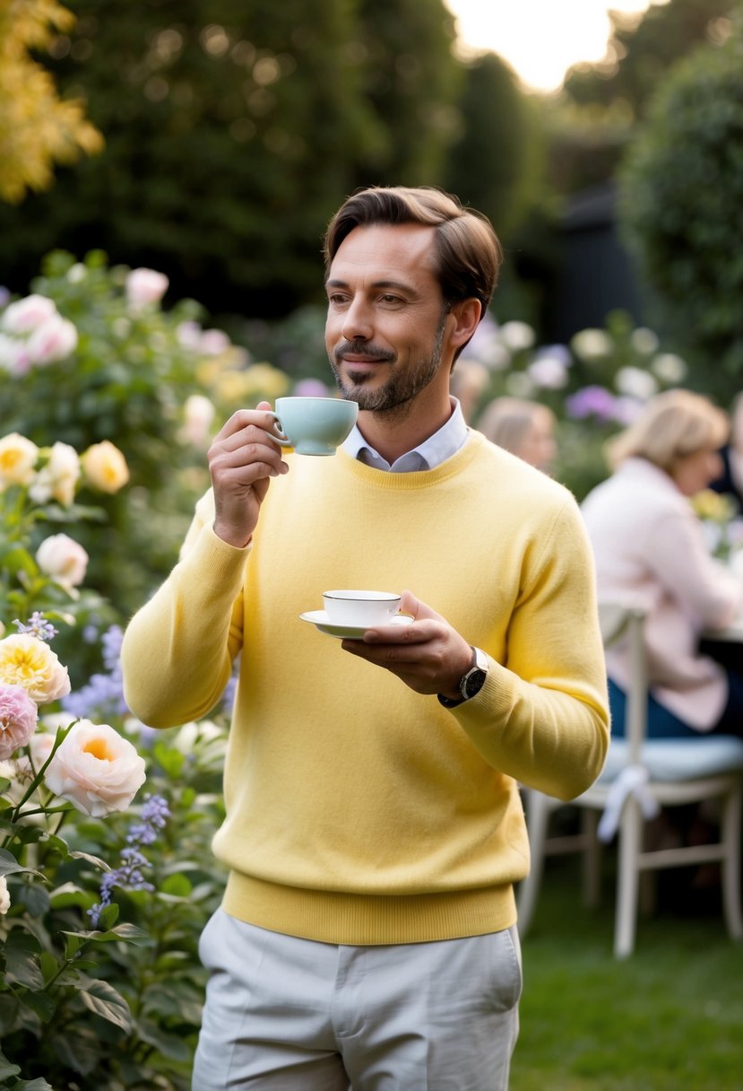 A man in a soft yellow sweater stands in a garden surrounded by pastel flowers, sipping tea at a garden party