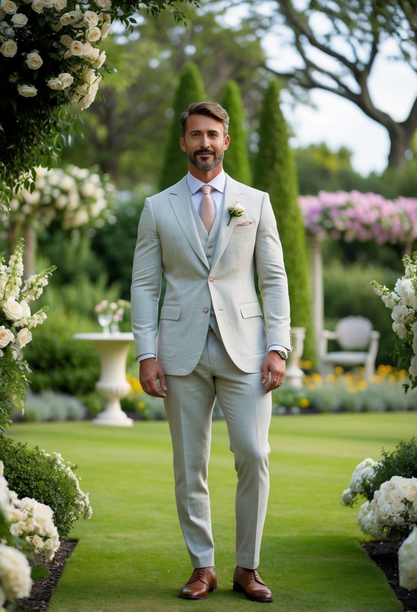 A well-dressed figure in a linen tailored suit stands in a lush garden, surrounded by blooming flowers and elegant decor, exuding a sense of refined style for a wedding guest