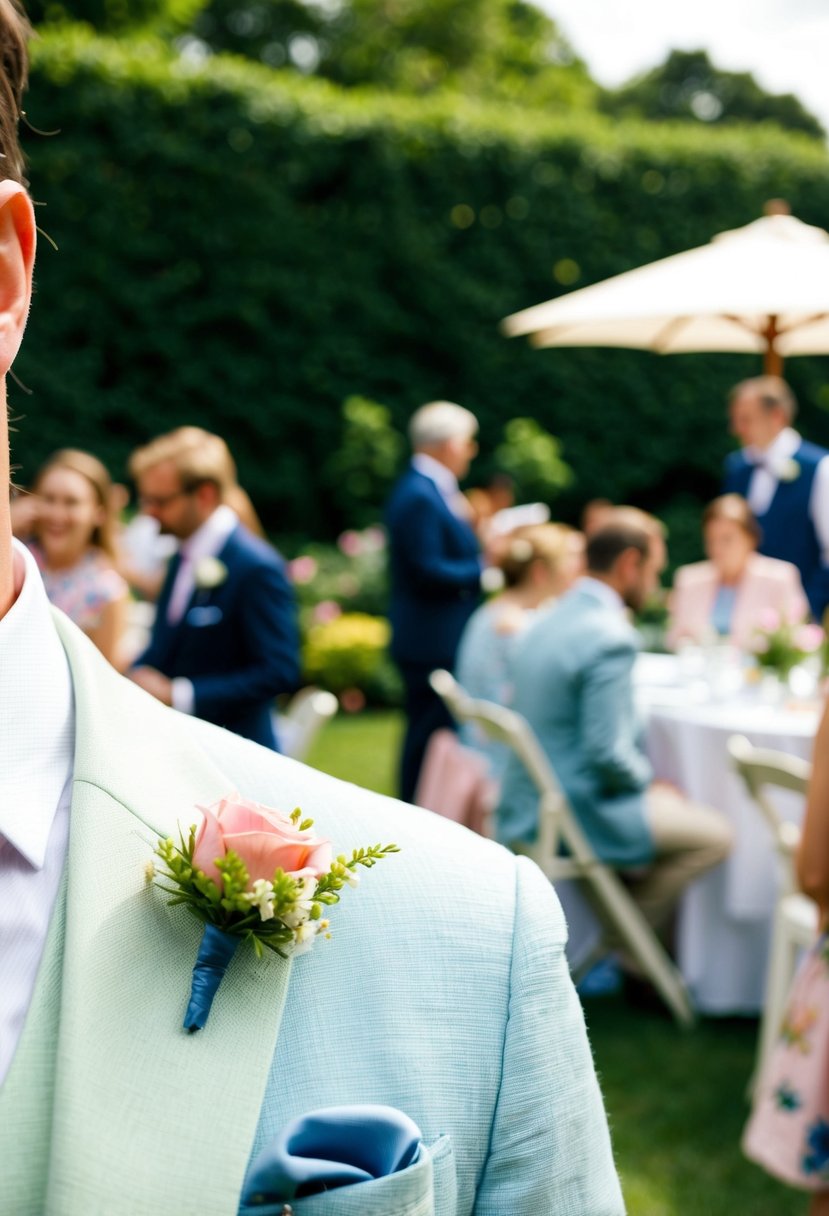 A garden party scene with a baby blue pocket square on a men's pastel outfit