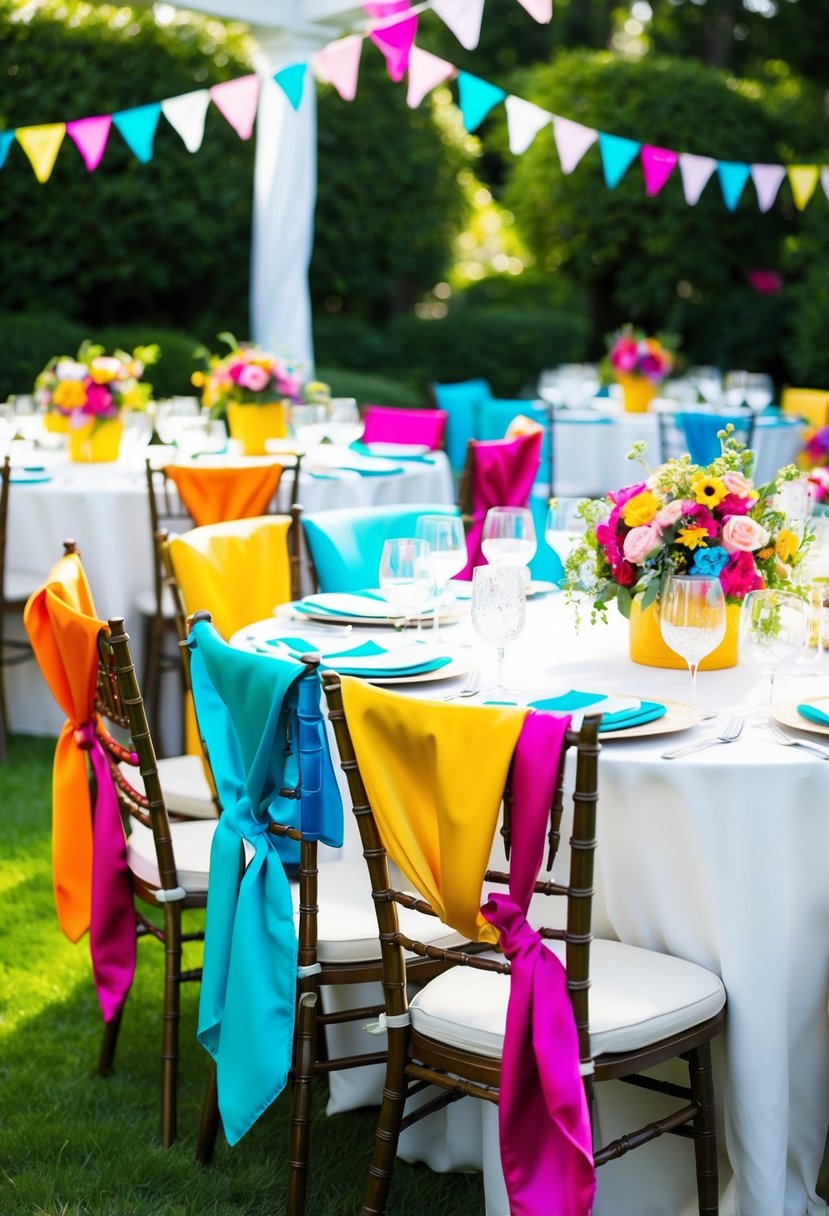 A vibrant garden party scene with colorful silk scarves draped over chairs and fluttering in the breeze. Tables adorned with floral centerpieces and elegant place settings