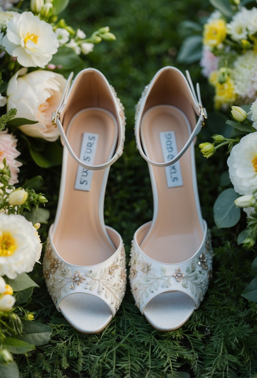 A pair of peep-toe sandals adorned with delicate embroidery, surrounded by blooming flowers and lush greenery at a garden party wedding