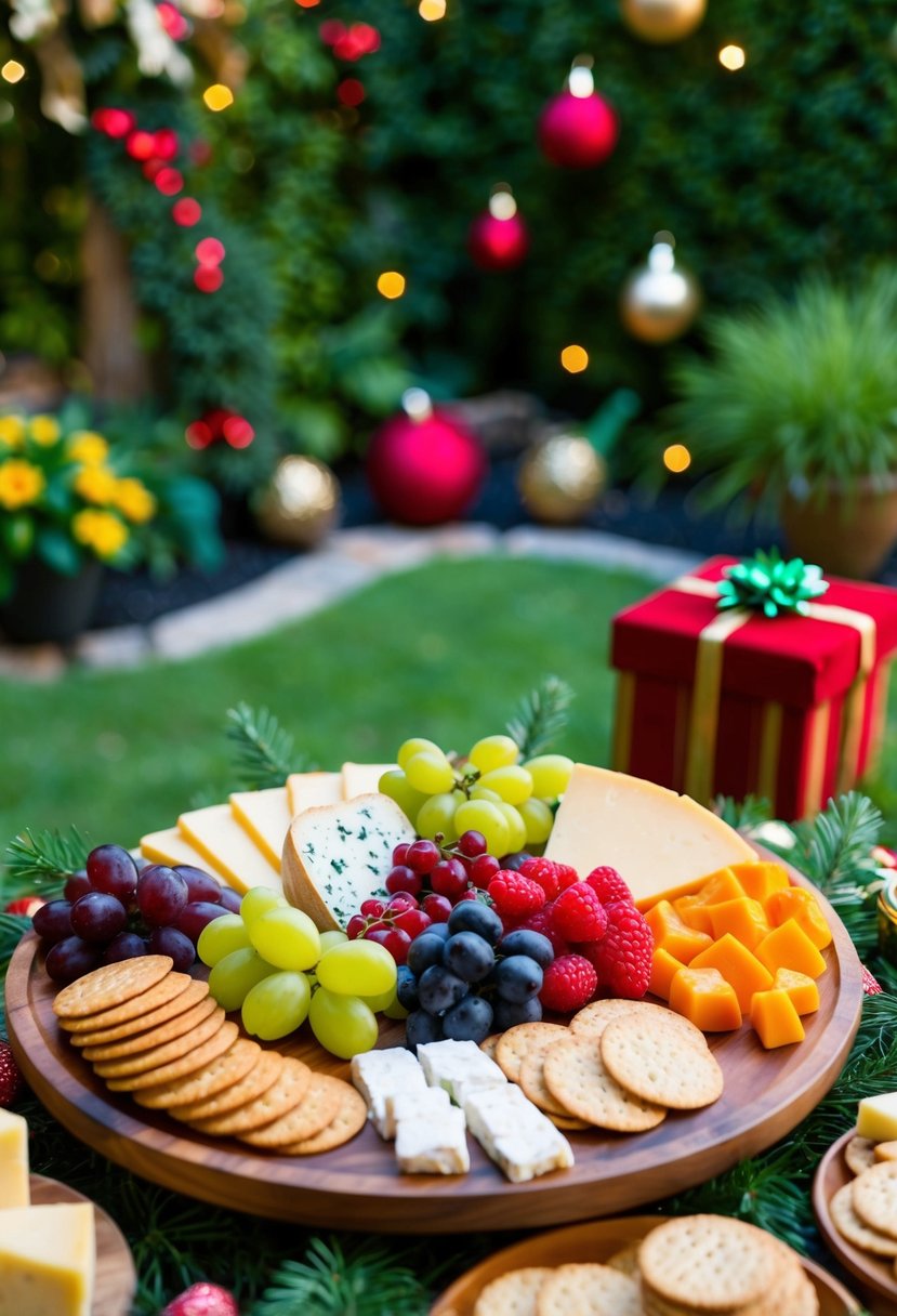 A colorful array of gourmet cheeses, crackers, and fruits arranged on a wooden platter in a lush garden setting, surrounded by festive decorations