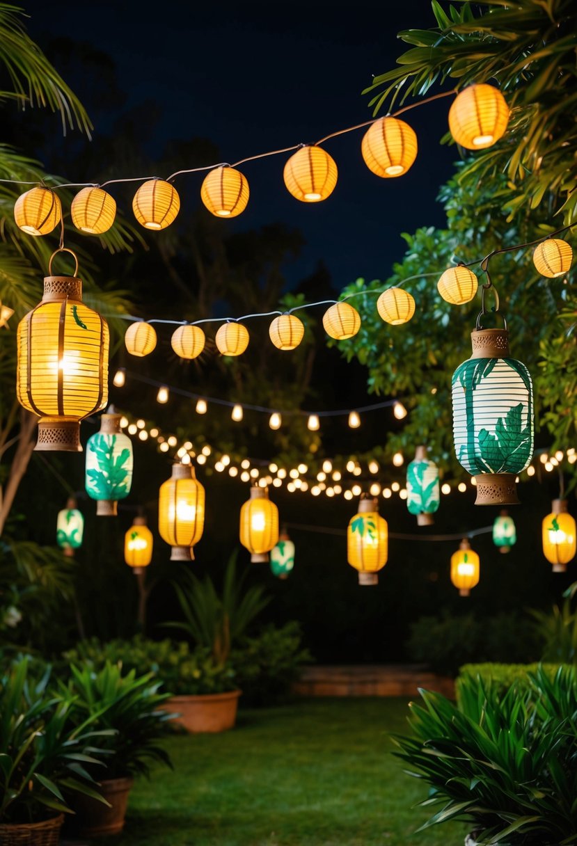 A garden at night, adorned with vintage 1920s-themed tropical lantern string lights, creating a warm and whimsical atmosphere for a party