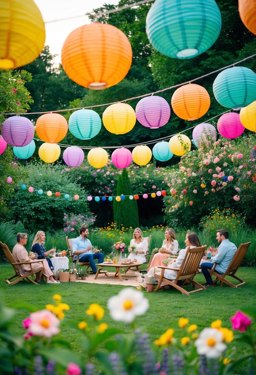 A garden party with picnic-style seating arrangements under a canopy of colorful paper lanterns, surrounded by blooming flowers and lush greenery