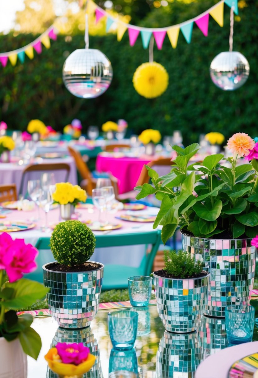 A garden party with mirrored plant pots, disco balls, and vibrant 70s decor