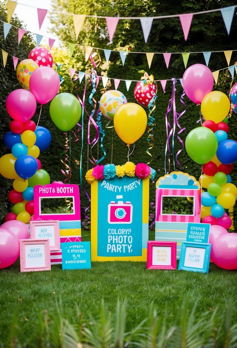 A colorful garden party with themed photo booth, balloons, streamers, and festive decorations