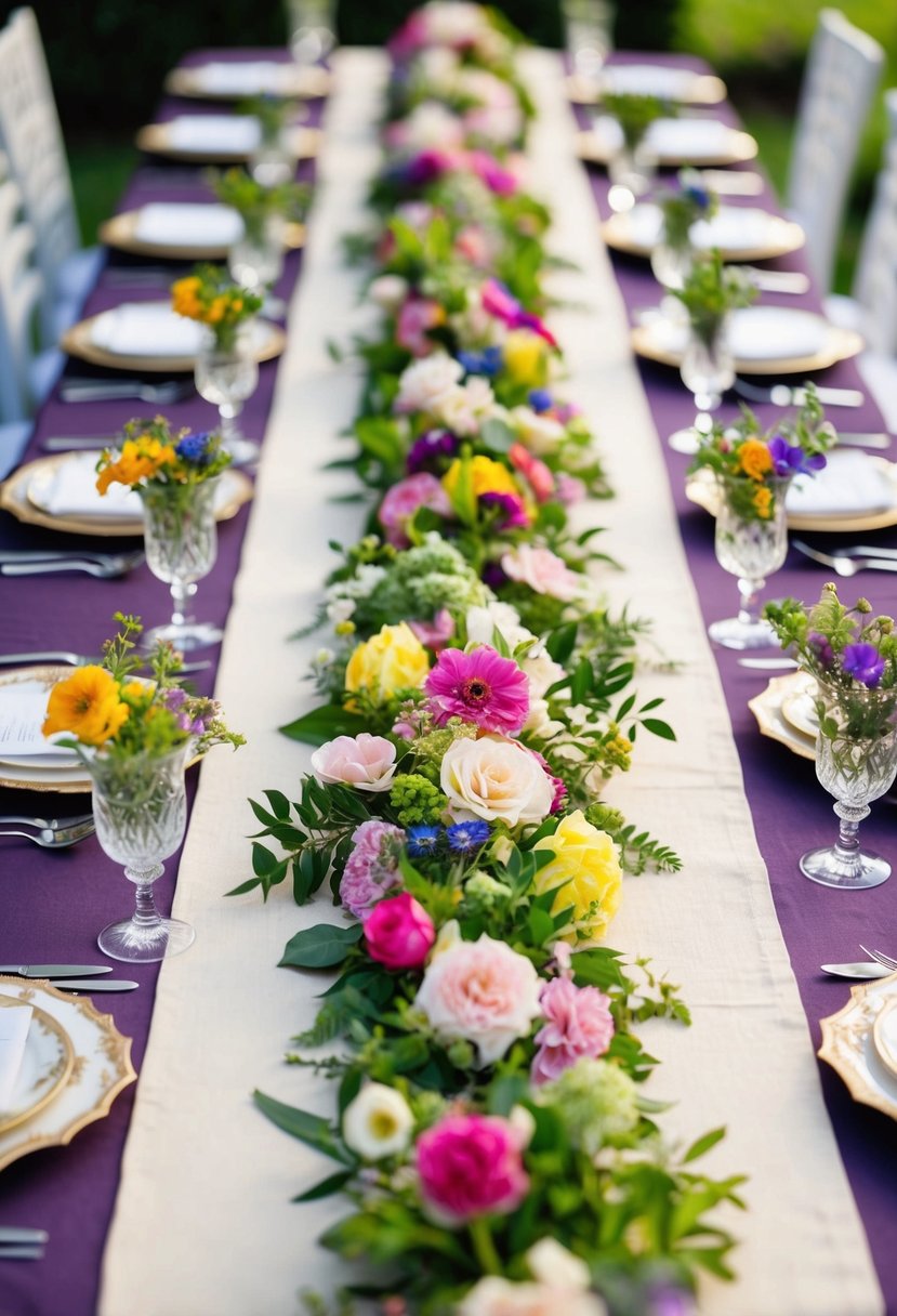 A long floral table runner adorns a 1920s garden party table, with vibrant blooms and greenery cascading down the length