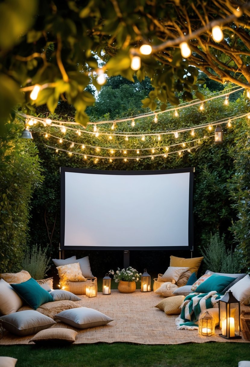 A cozy garden filled with twinkling lights, blankets, and cushions. A large screen is set up for an outdoor movie screening, surrounded by lush greenery