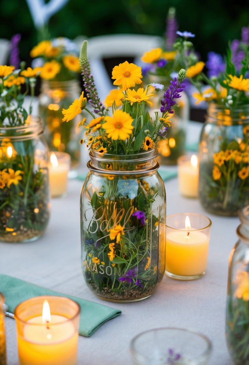 A collection of vintage mason jars filled with wildflowers and surrounded by flickering candles, serving as centerpieces for a 1920s themed garden party