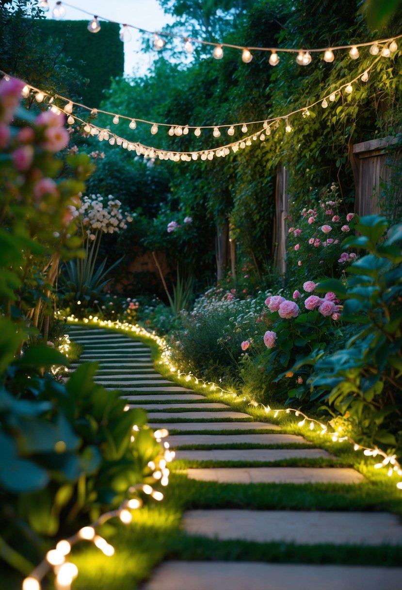 A winding pathway lined with twinkling fairy lights leads through a lush, overgrown garden filled with blooming flowers and hidden nooks