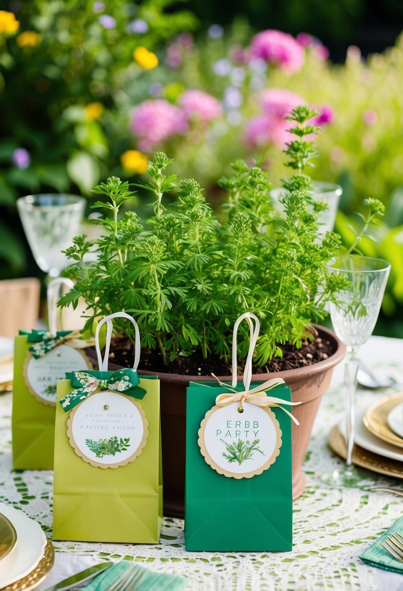 A vintage herb garden with 1920s-themed favor bags and decorative elements for a garden party