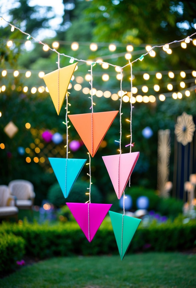 Colorful geometric origami shapes hang from strings in a lush garden, surrounded by 1920s themed decor and twinkling lights
