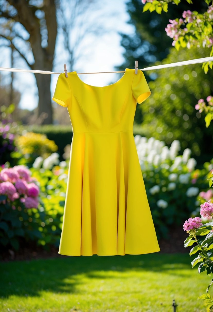A vibrant yellow A-line dress hangs on a clothesline in a sunlit garden, surrounded by blooming flowers and greenery