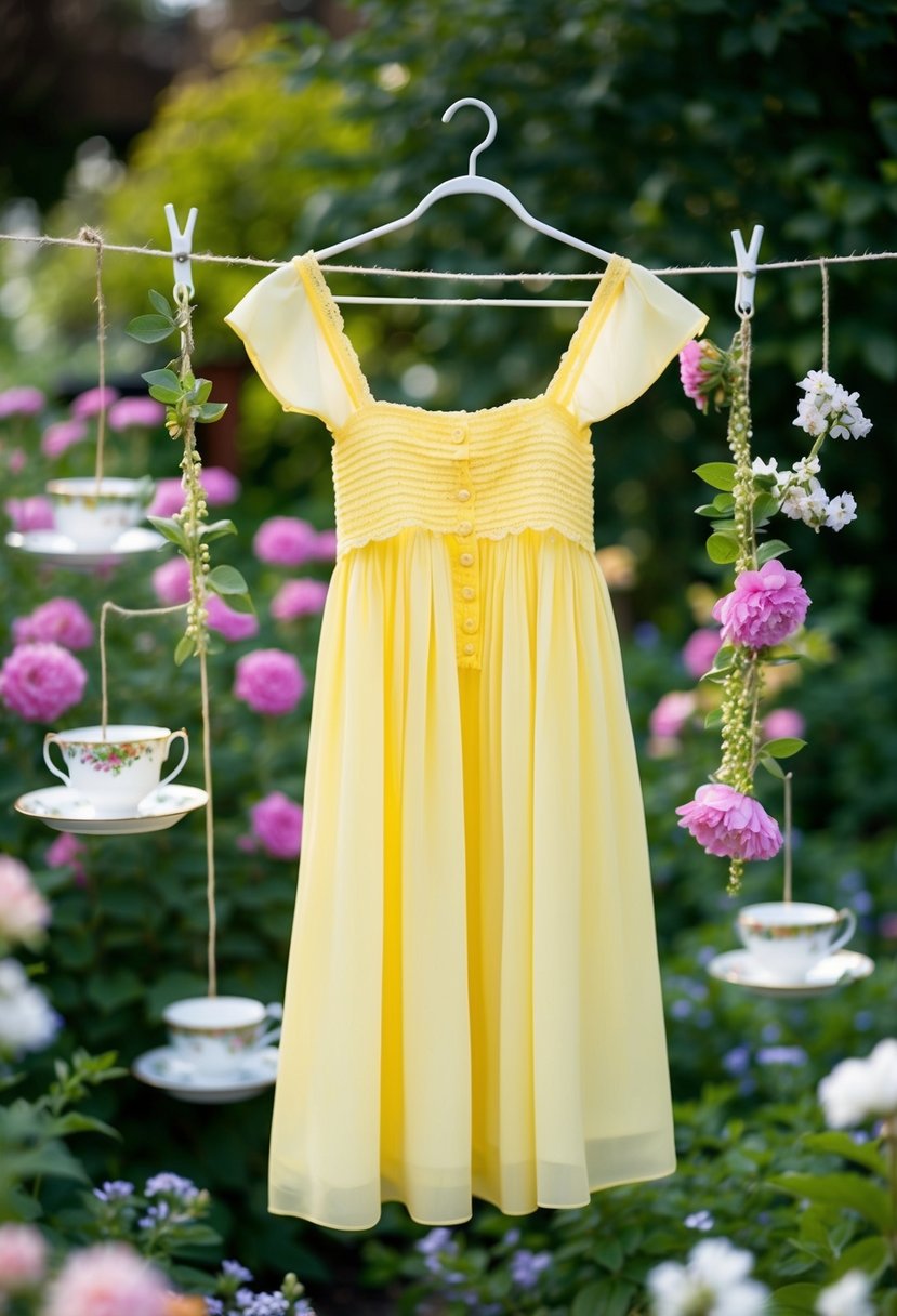 A lemon chiffon sundress hangs on a vintage clothesline in a blooming garden, surrounded by dainty teacups and floral arrangements