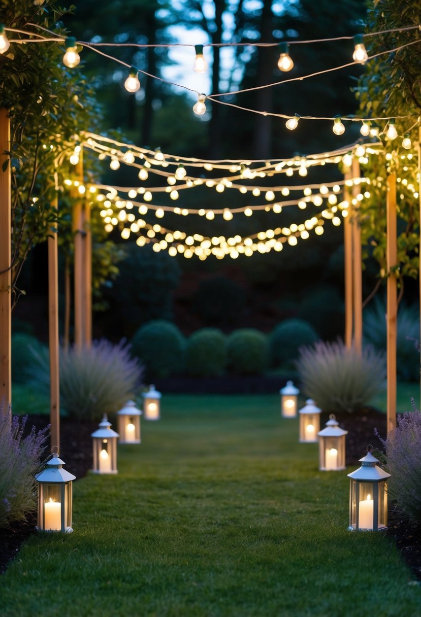 A garden adorned with string lights and lanterns for a festive 40th birthday celebration