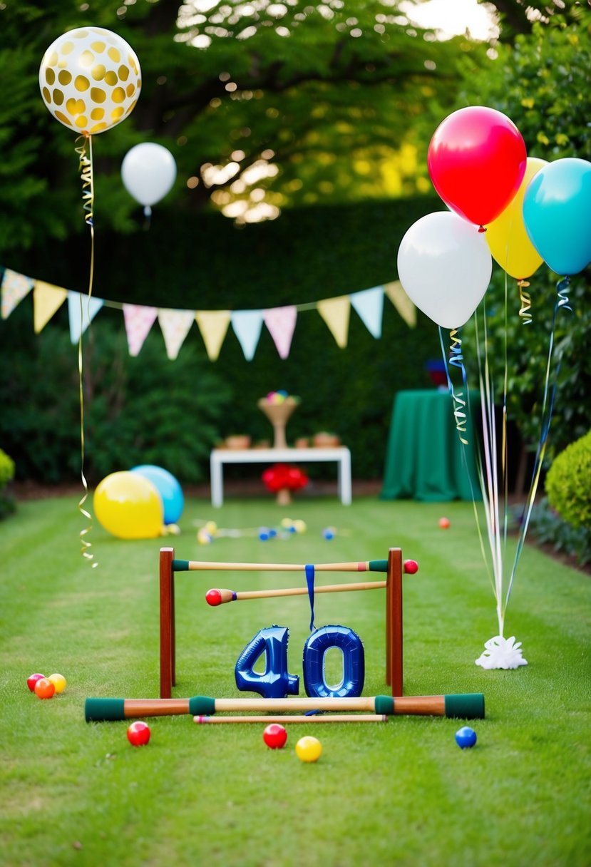 A lush garden with a croquet set, balloons, and festive decorations for a 40th birthday celebration