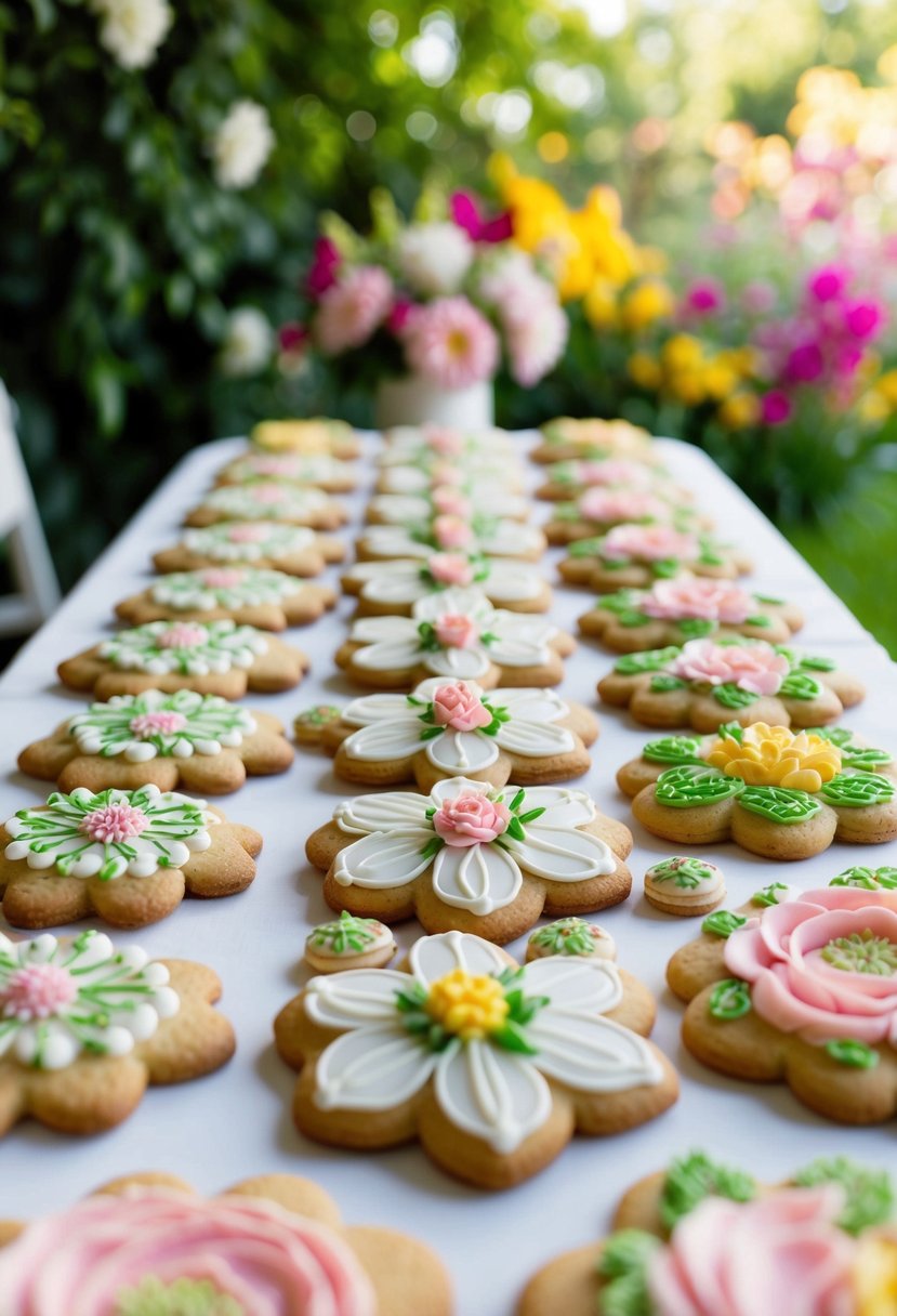 A table covered in freshly baked cookies, each adorned with intricate royal icing floral designs. A backdrop of lush greenery and colorful blooms sets the scene for a charming garden party