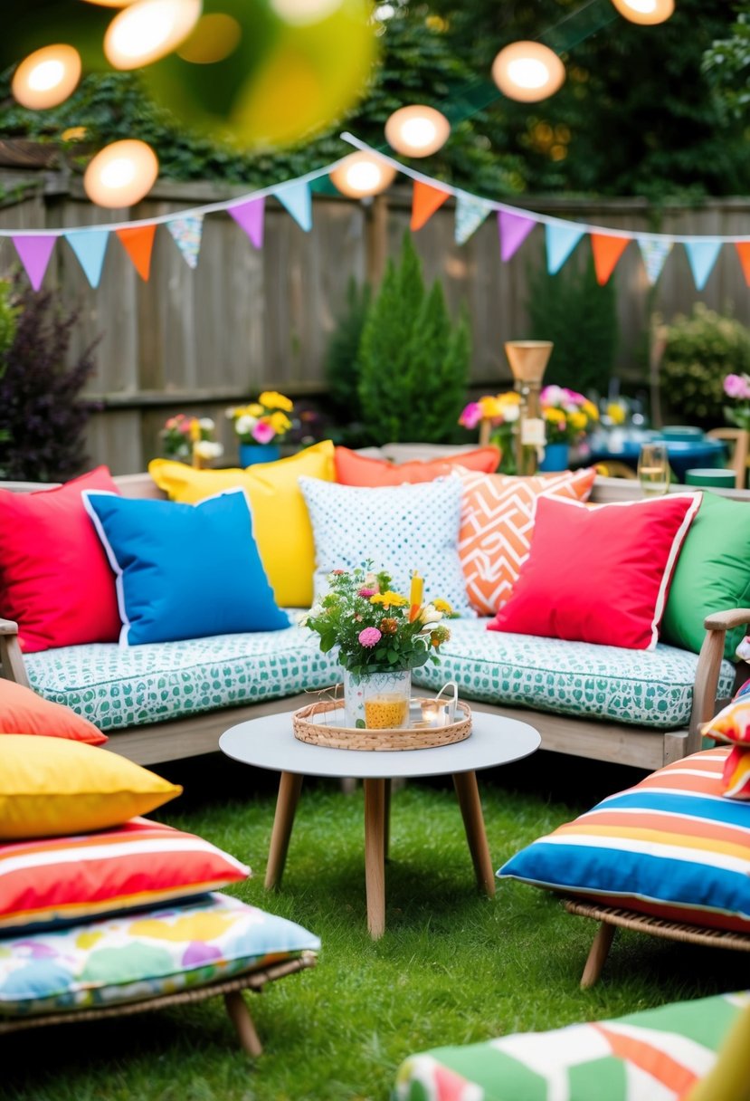 A cozy garden party with colorful cushions on outdoor seating, celebrating a 40th birthday