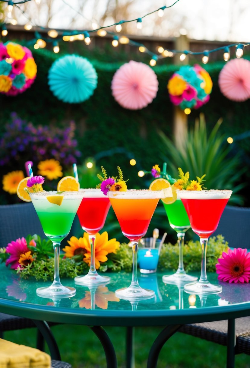Colorful cocktails on a garden table with vibrant flowers and greenery, surrounded by festive decorations and twinkling lights for a 40th birthday celebration