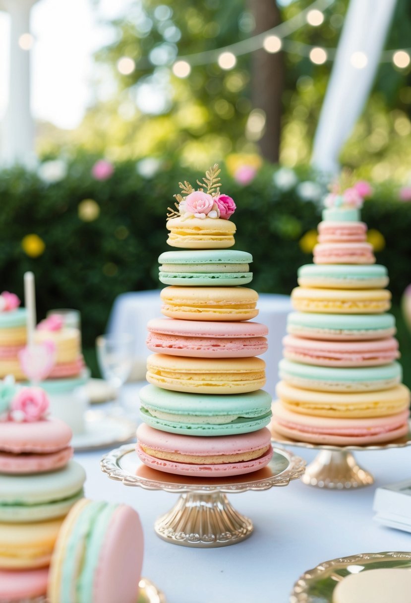 A whimsical garden party scene with pastel macaron towers as cookie decorations