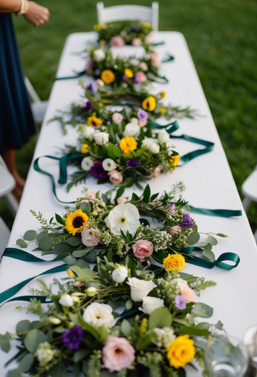 A table with assorted flowers, greenery, and ribbons arranged for crafting flower crowns at a 40th birthday garden party
