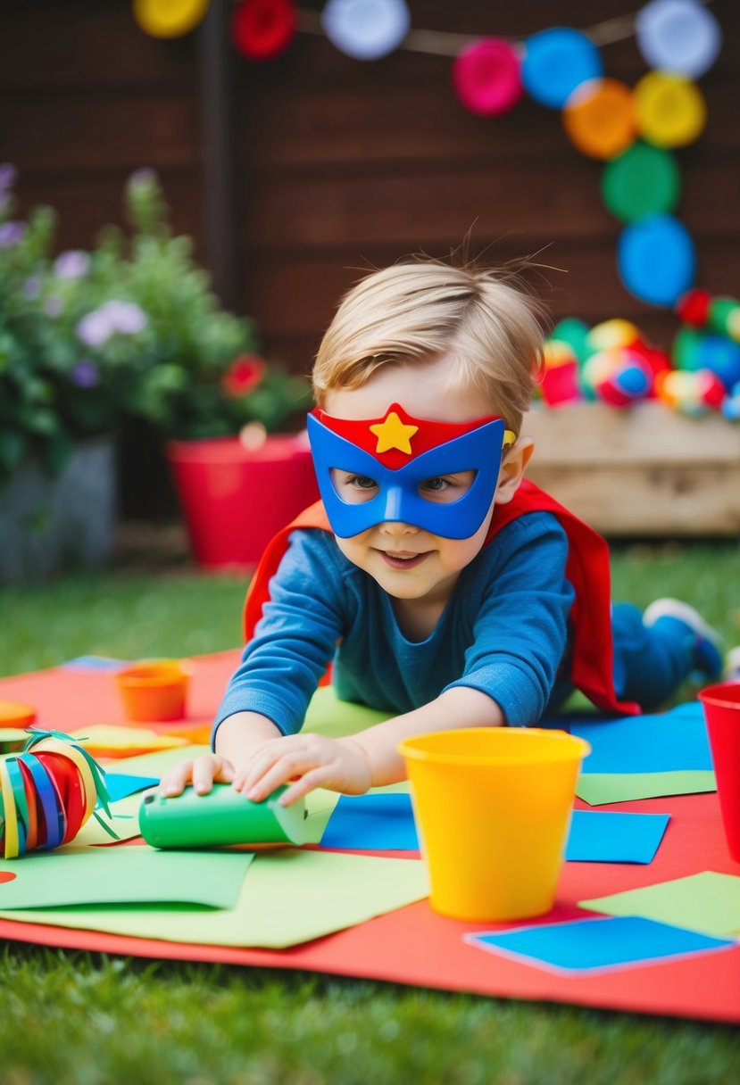 A 2-year-old boy wearing a superhero mask while playing in a garden surrounded by colorful craft materials and decorations