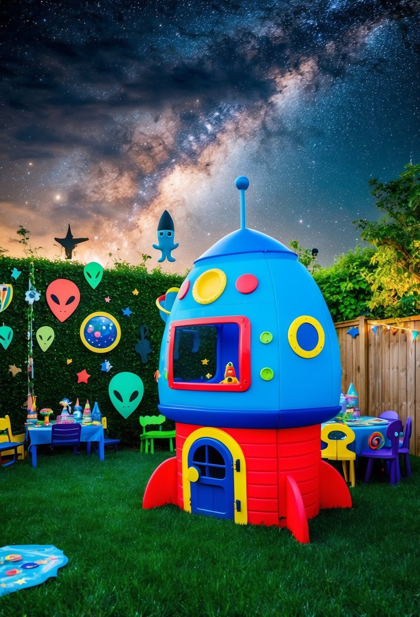 A colorful garden with rocket ship playhouse, a starry night sky, and alien-themed decorations for a space adventure-themed 2nd birthday party