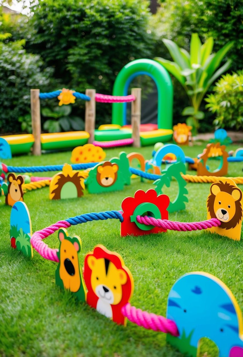 A vibrant jungle-themed obstacle course with colorful animal cutouts, rope bridges, and tunnels set up in a lush garden for a 2-year-old boy's safari party